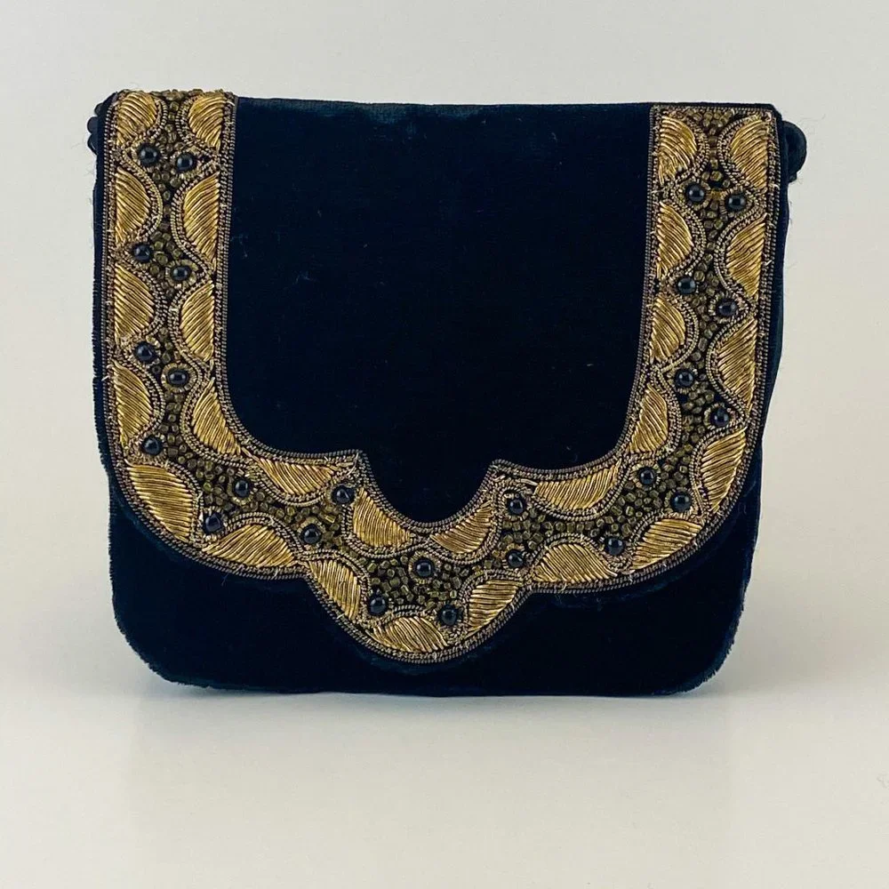 Black Velvet Boho Clutch Gold Embroidered Handbag - Picture 4 of 4